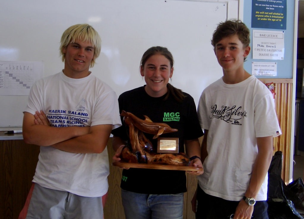 Captains of the Marlborough Teams receiving the Top Of The South trophy. Benny Butcher (Queen Charlotte College) Rebecca Davies (Marlb Girls College) & Scott Fyfe (Marlb Boys College) © Event Media